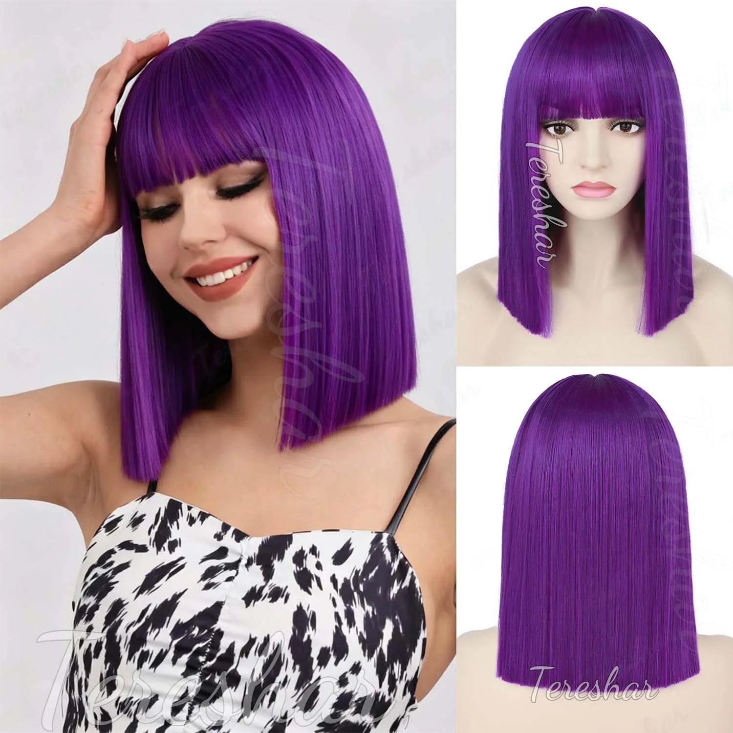 Short Straight Bob Wig with Bangs for Daily Wear and Costume Parties - 14