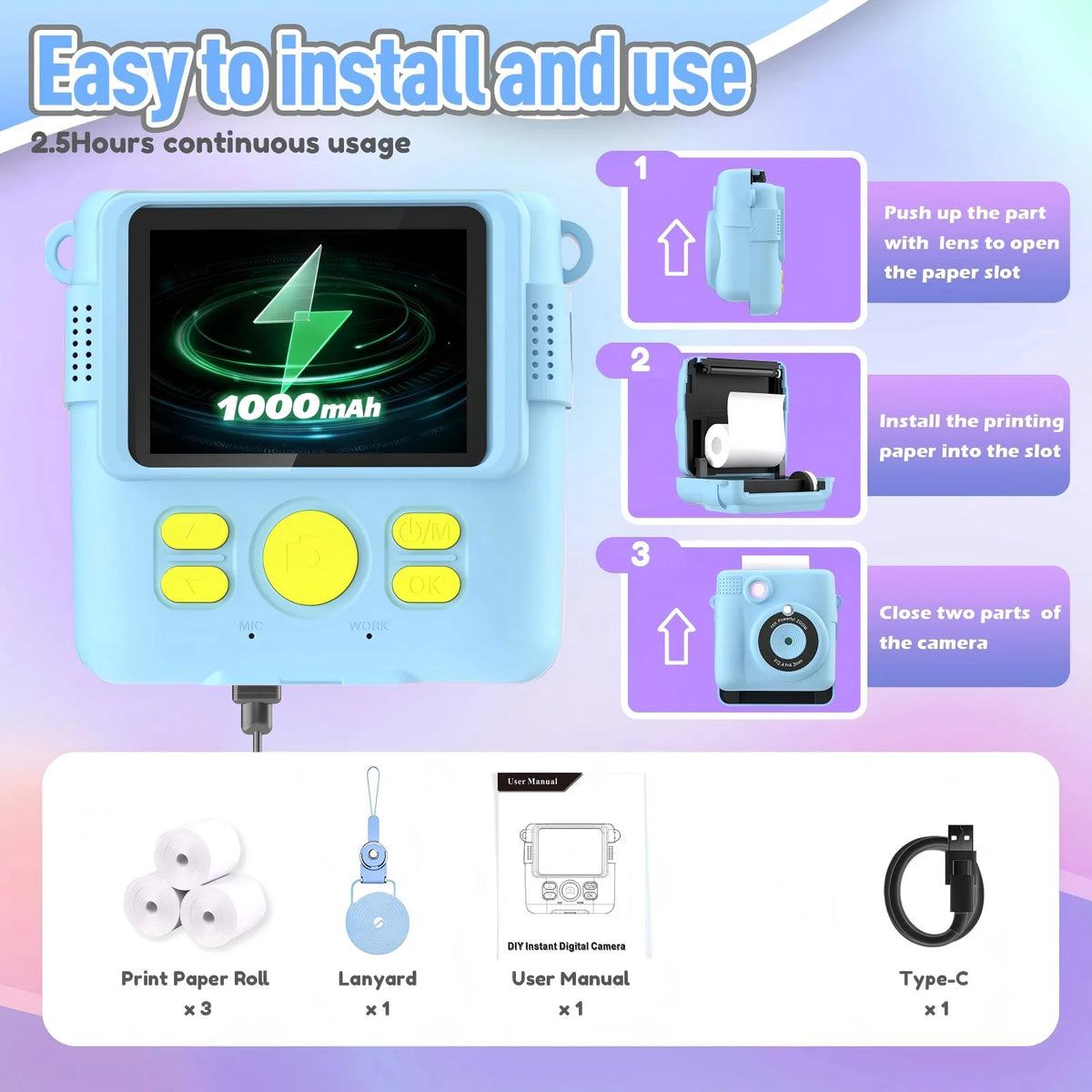 Instant Print Camera for Kids with Video Recording and Digital Zoom