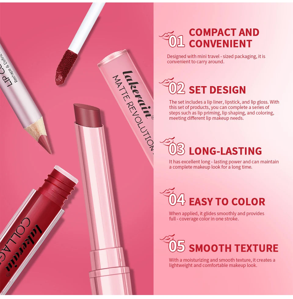 Professional 3-Piece Waterproof Matte Lipstick and Lip Gloss Makeup Set - 9