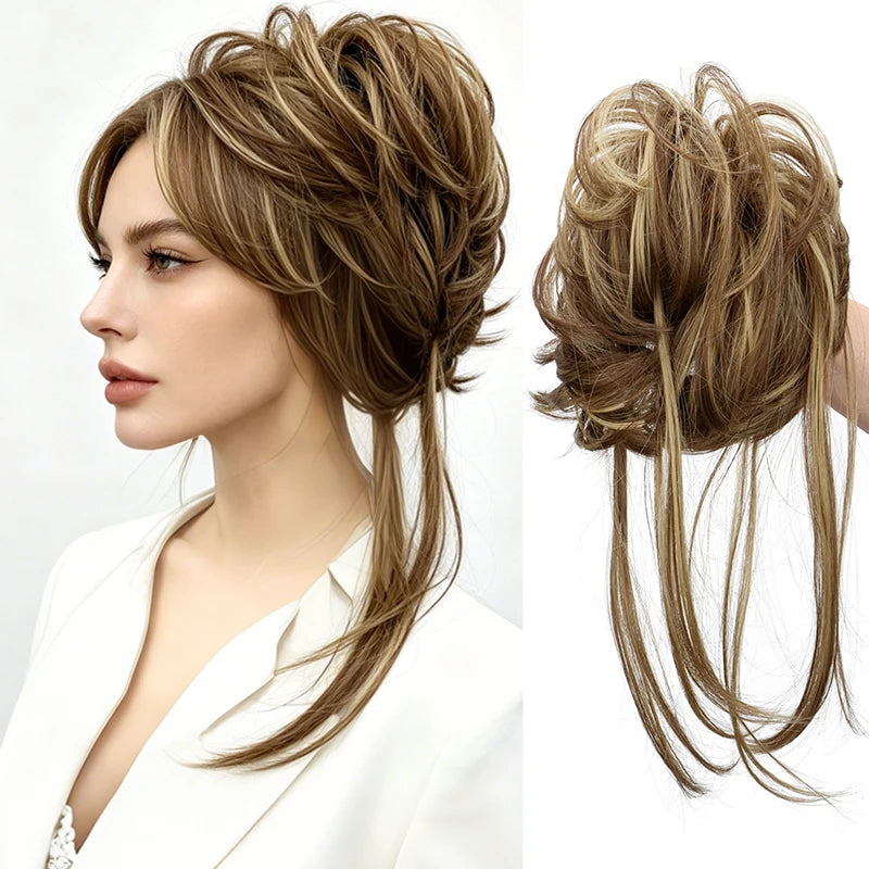 Messy Bun Hair Piece with Straight Tails for Instant Volumized Updos