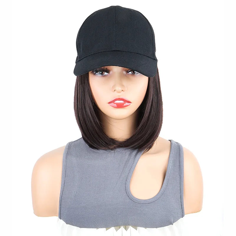 Short Straight Bob Hair Wig with Baseball Cap for Women - 11