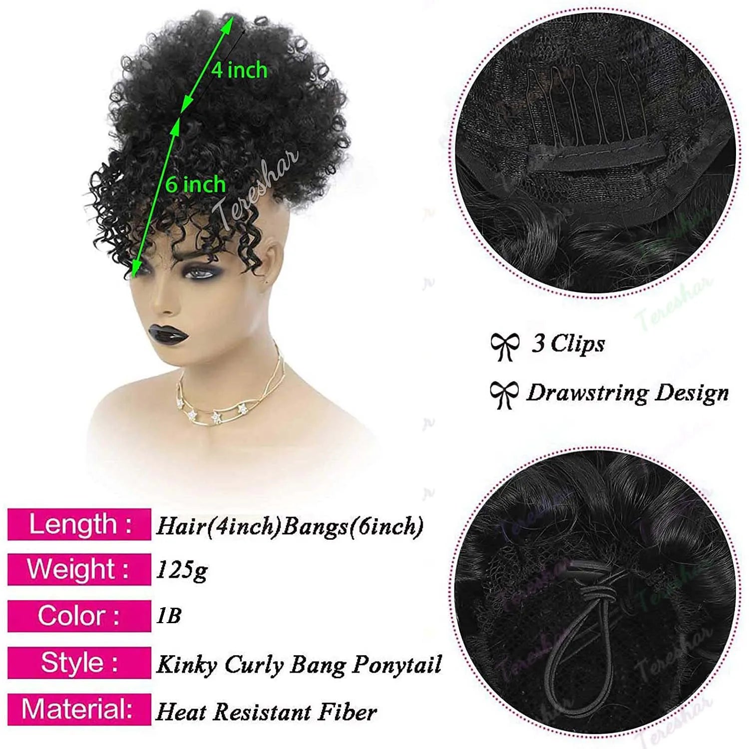 Kinky Curly Afro Puff Ponytail Extension with Bangs for Women - 2