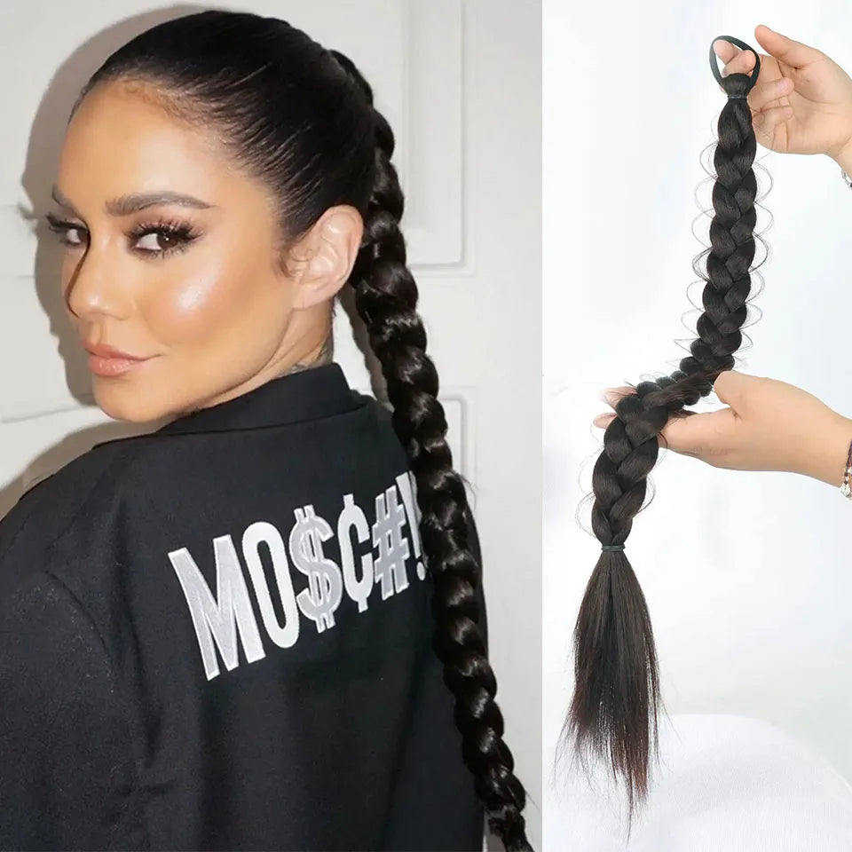 Long Synthetic Braided Ponytail Extension with Secure Rubber Band