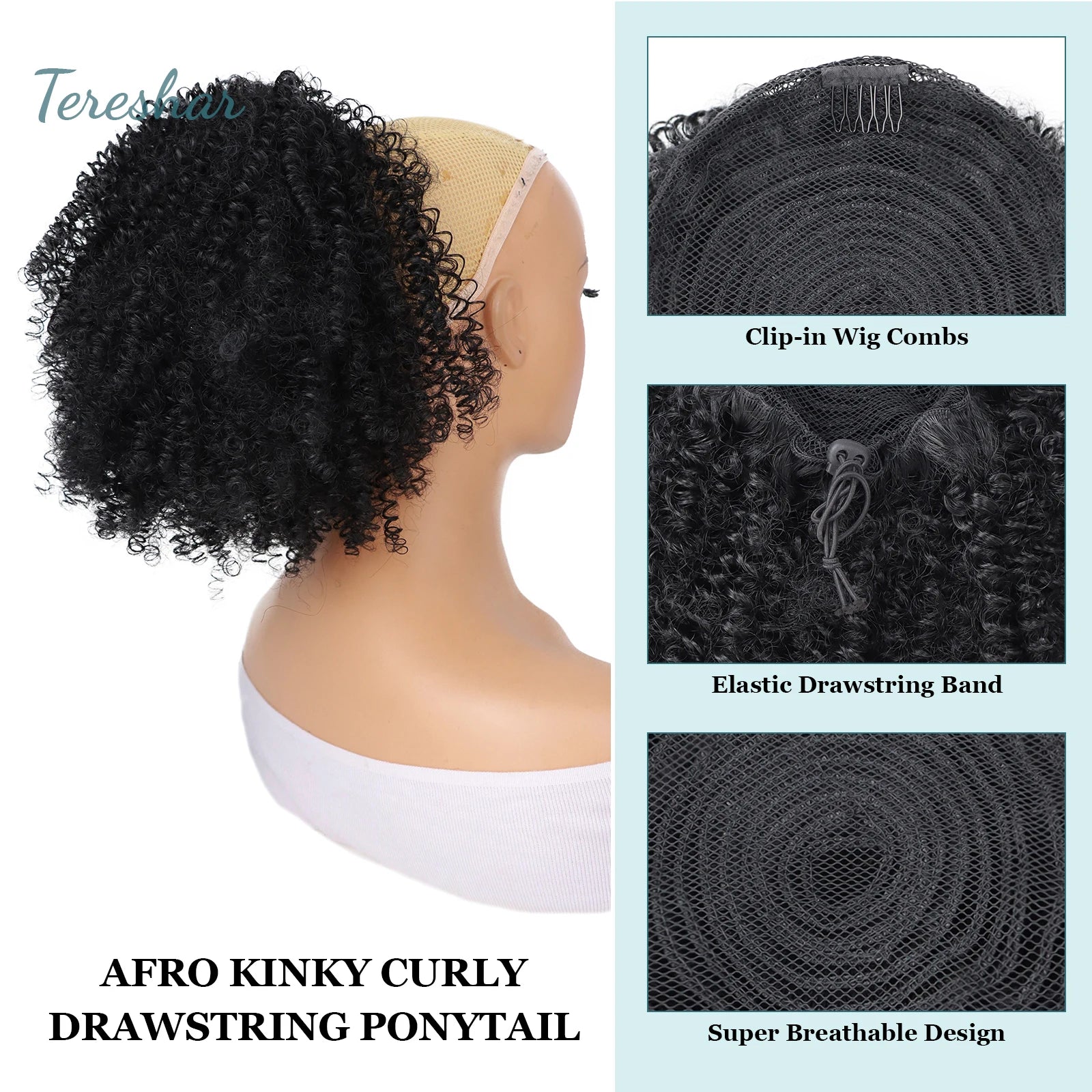 Short Kinky Curly Afro Ponytail Extension with Drawstring and Clips - 4