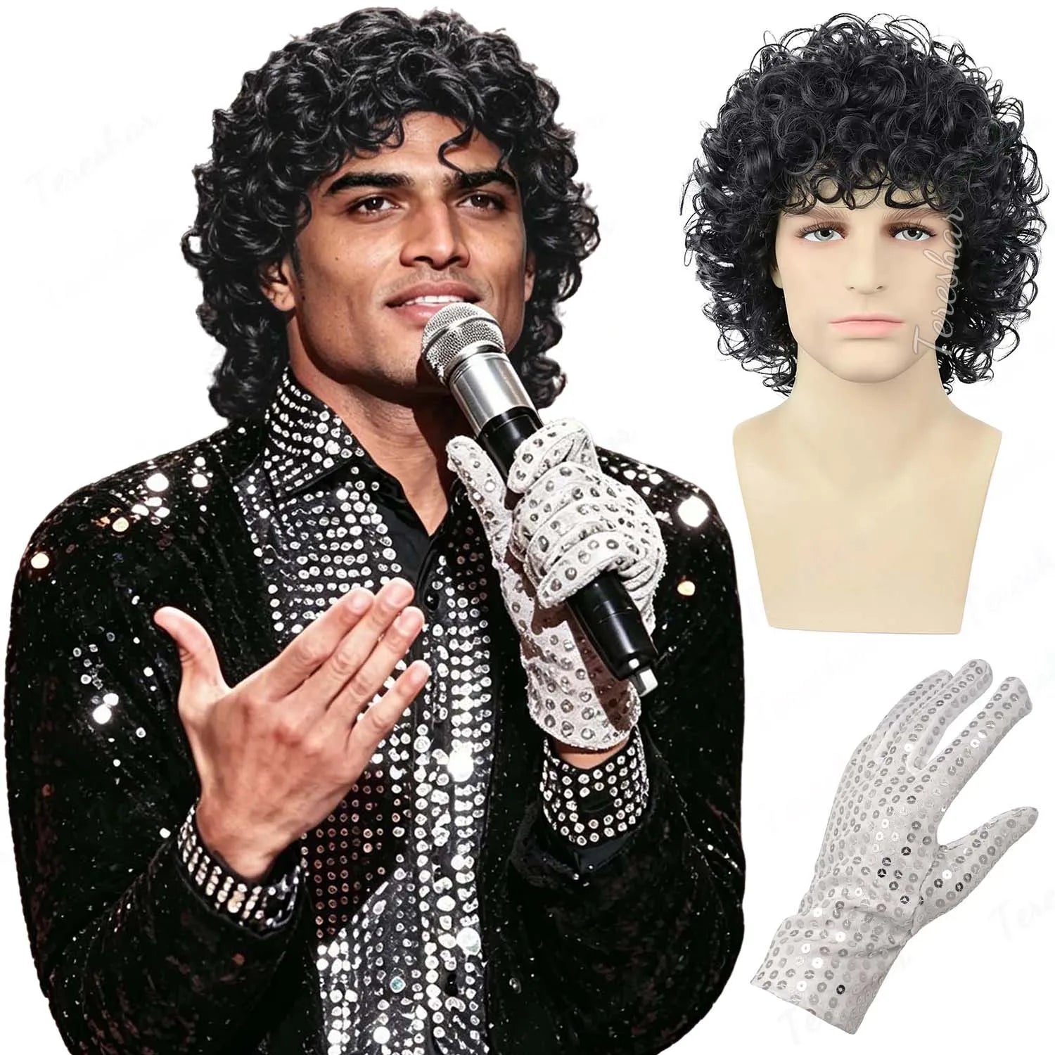 Mens Retro Curly Rocker Wig with Sequin Glove for Parties and Cosplay - 12