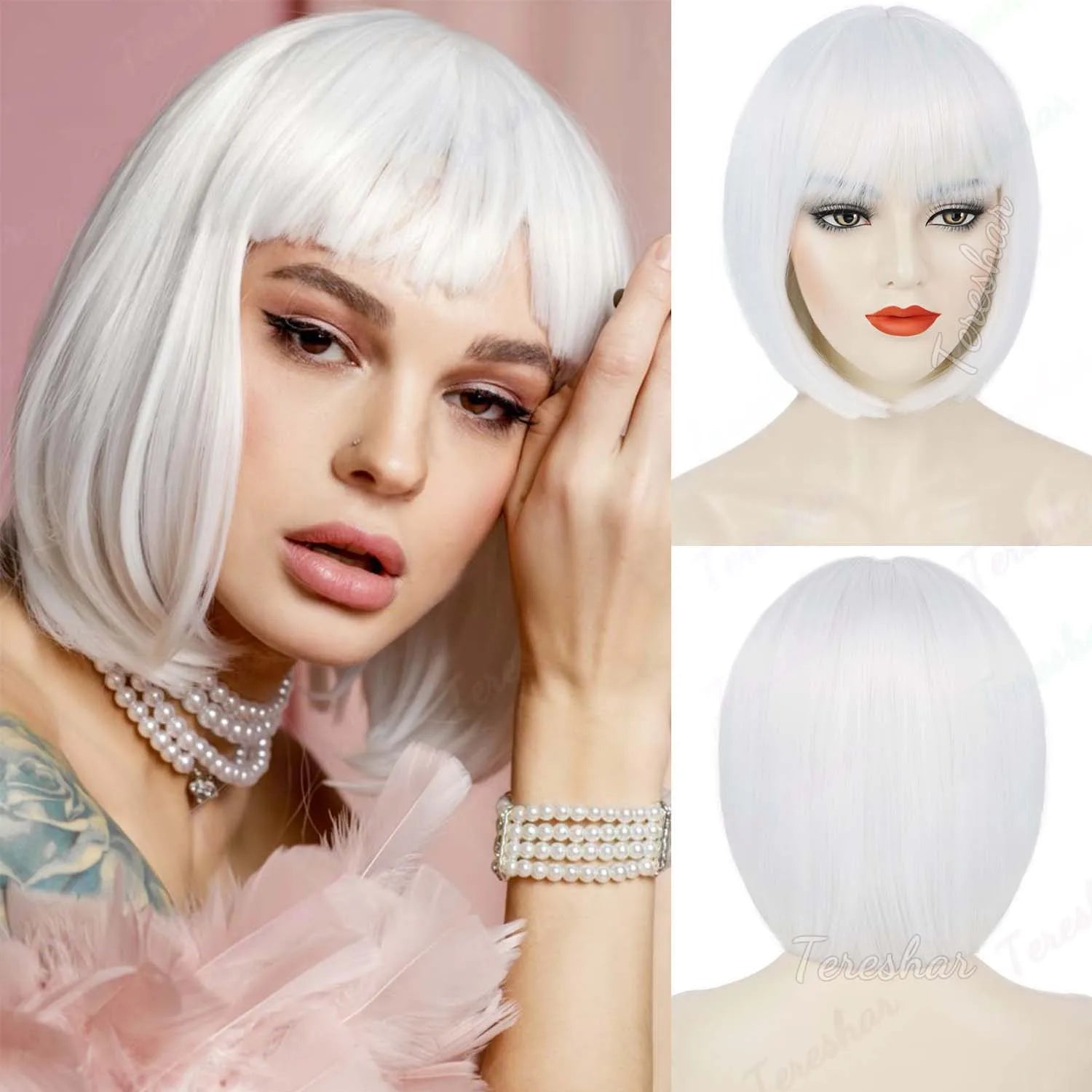 Short Straight Bob Synthetic Wig with Natural Bangs for Daily Wear - 13