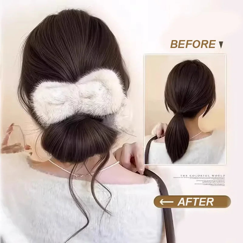 Fluffy Plush Bow Synthetic Hair Bun Extension Clip for Effortless Styling - 2