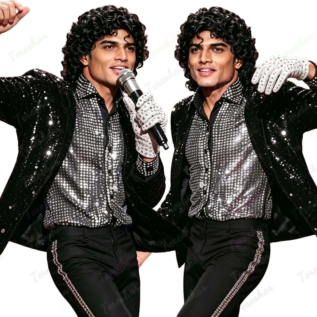 Mens Retro Curly Rocker Wig with Sequin Glove for Parties and Cosplay