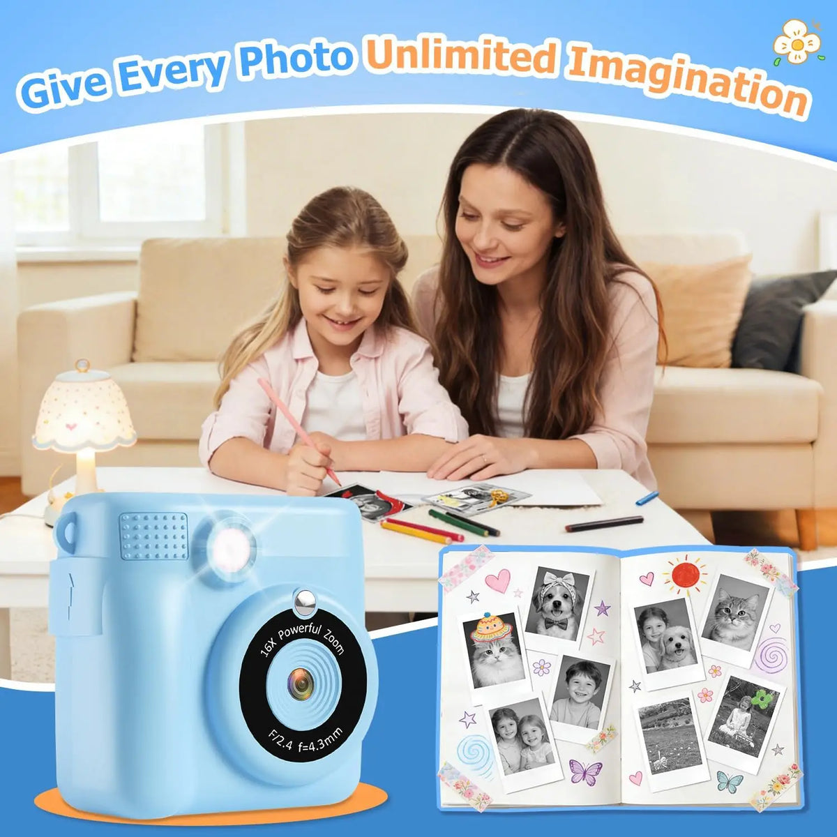 Instant Print Camera for Kids with Video Recording and Digital Zoom
