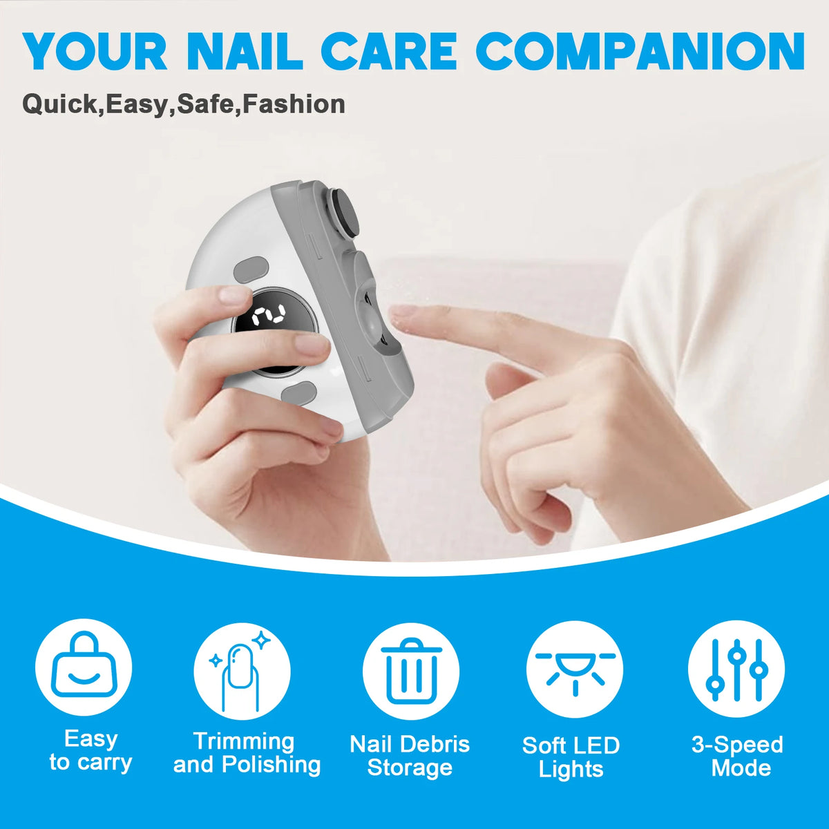 Electric Automatic Nail Clipper and Polisher with LED Light