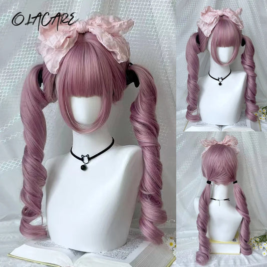 Curly Lolita Cosplay Wig with Bangs and Double Ponytails
