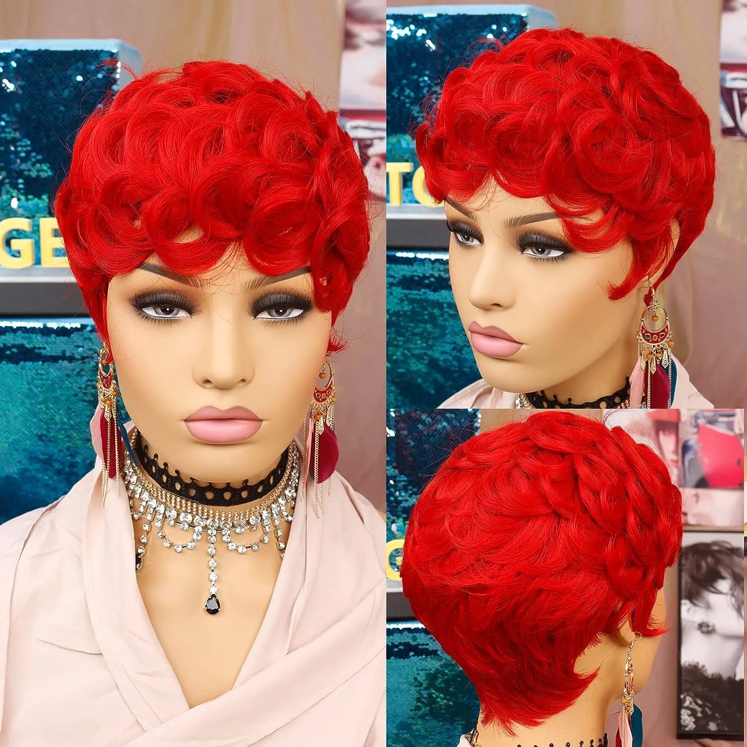 Short Fluffy Red Pixie Cut Curly Wig for Women - 4