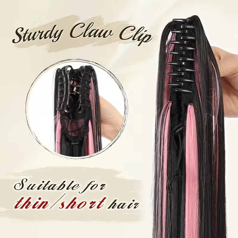 24-Inch Long Straight Highlight Ponytail Claw Clip Extension