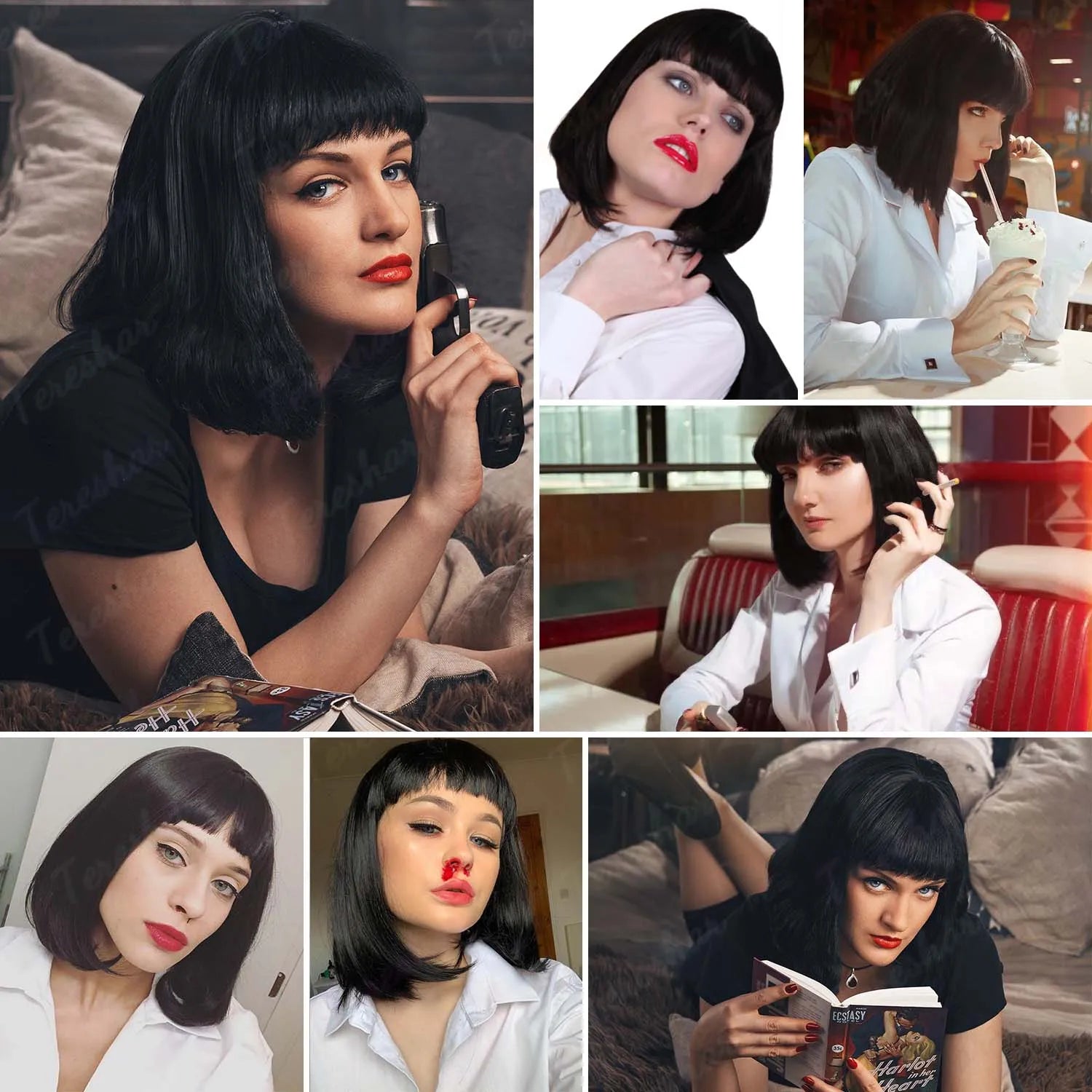 Short Straight Black Bob Wig with Bangs for Cosplay and Daily Wear - 6