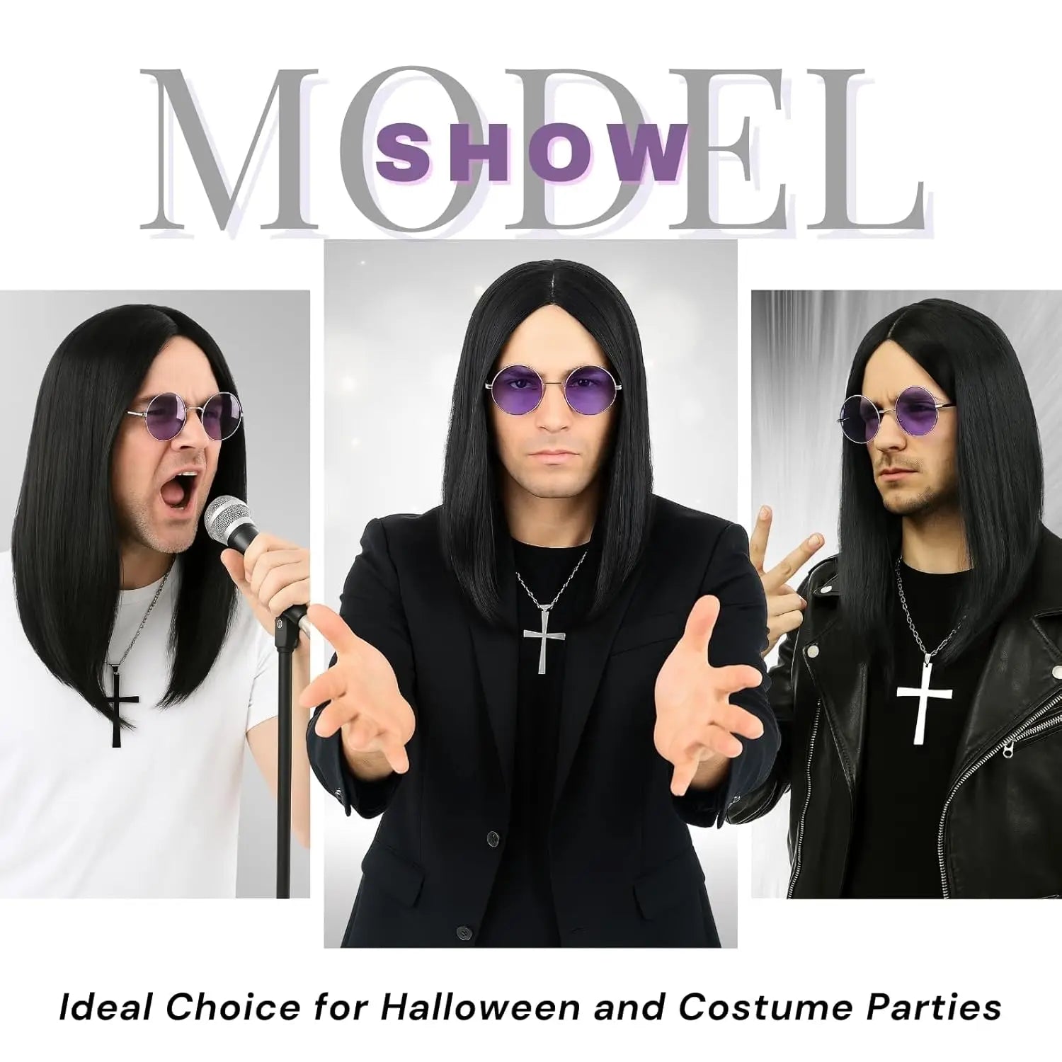 80s Heavy Metal Rocker Costume Wig Set with Glasses and Cross Necklace - 6