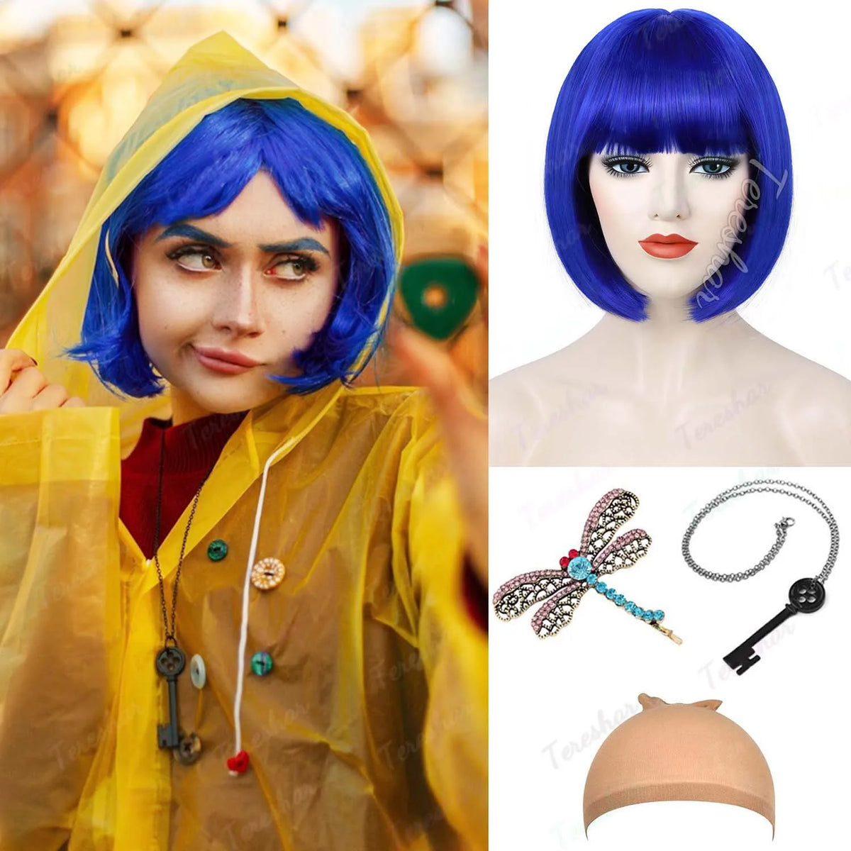 Dark Blue Bob Cosplay Wig Set with Dragonfly Hairpin and Key Necklace