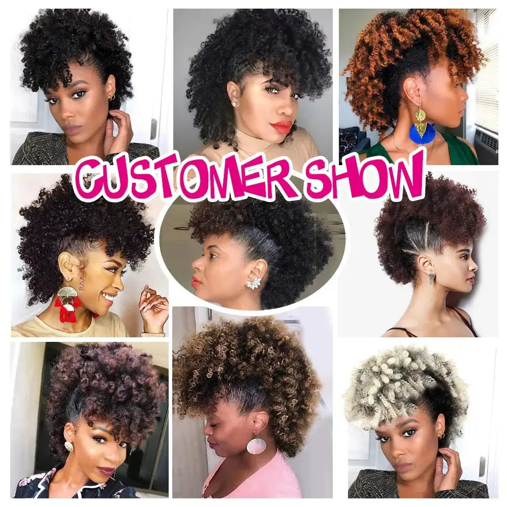 Short Afro Kinky Curly Synthetic Ponytail with Bangs for Daily Hair Styling