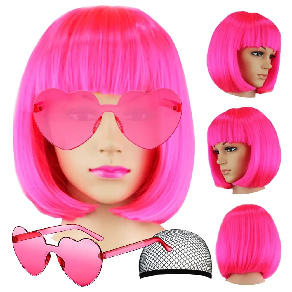 Short Straight Bob Wig with Heart Sunglasses for Parties and Cosplay - 1