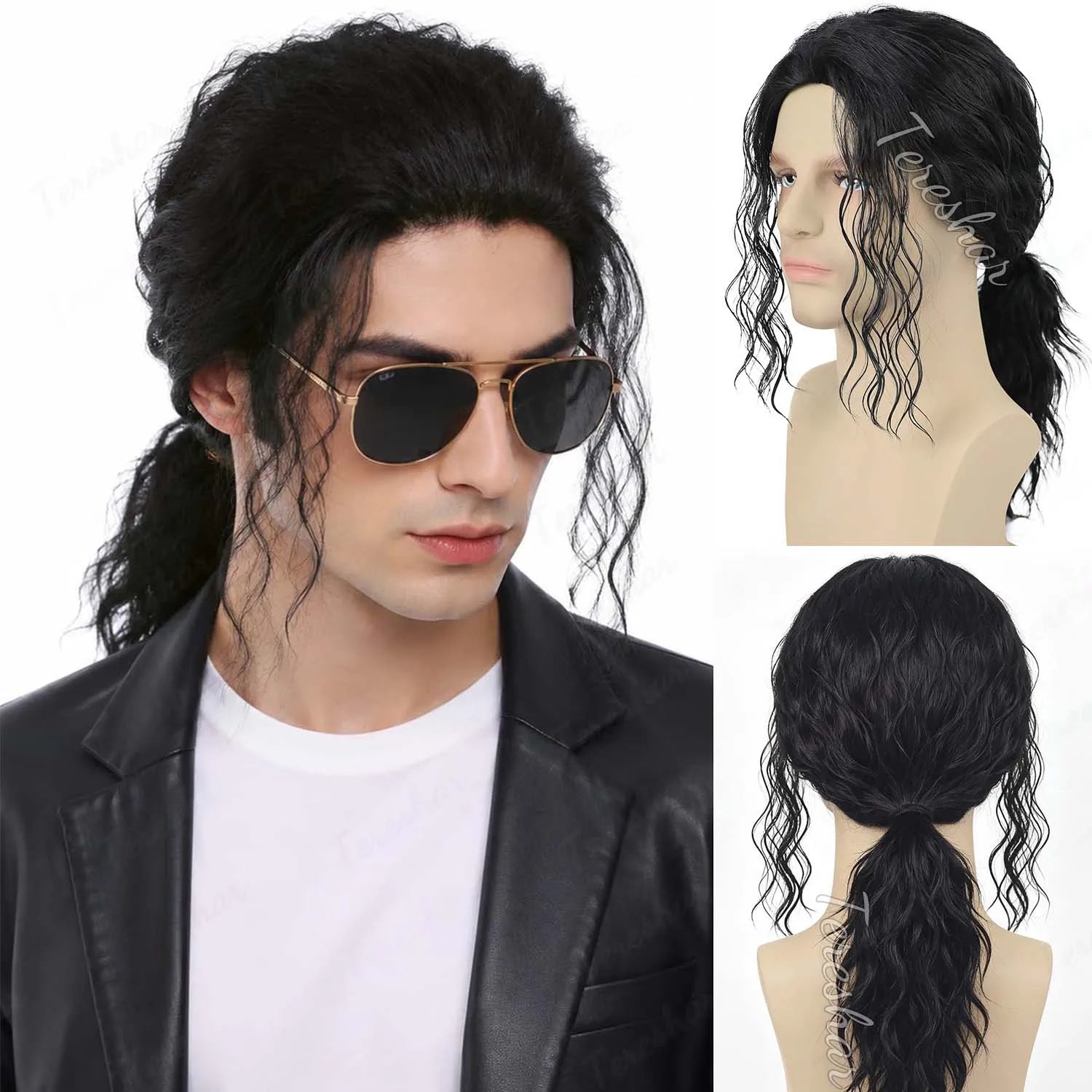 Long Black Curly Cosplay Wig for Men and Women Retro Costume Parties - 14
