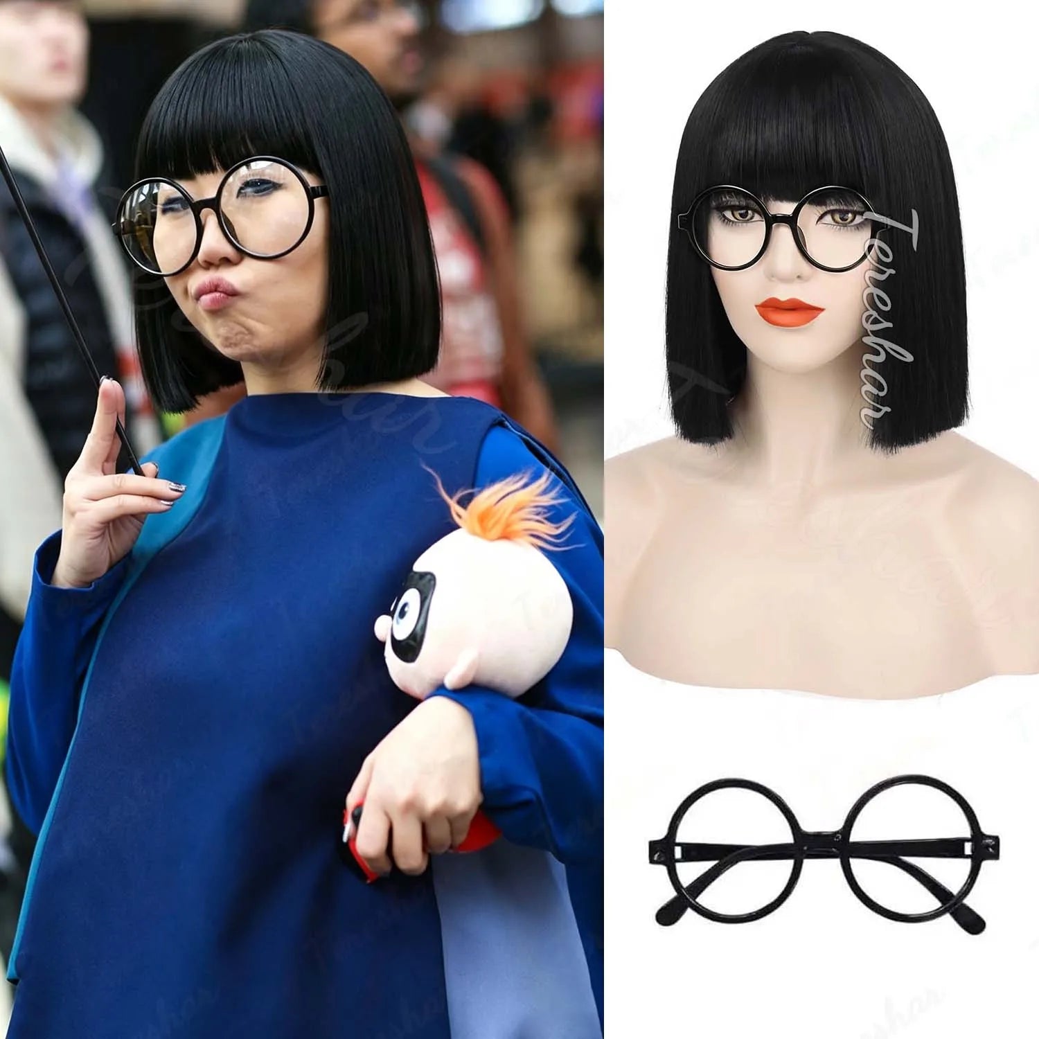 Short Straight Bob Wig with Bangs and Glasses for Cosplay and Parties - 10
