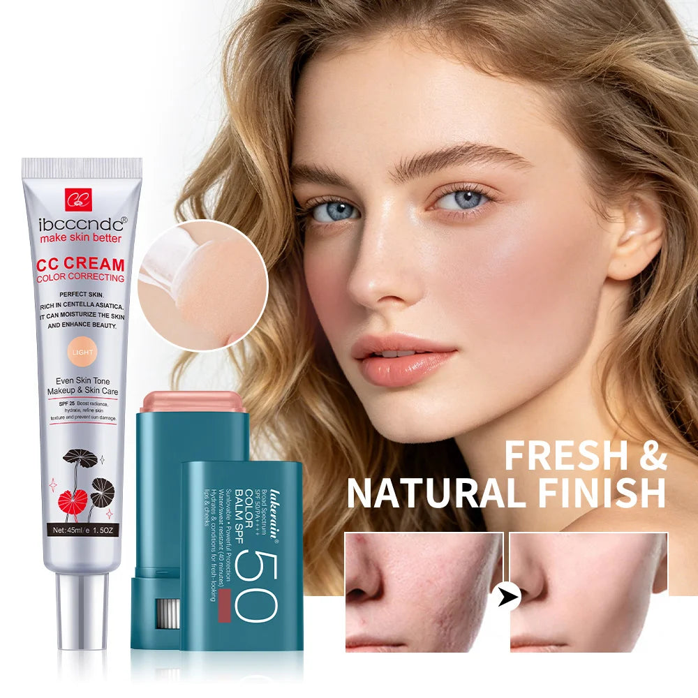 Color Correcting CC Cream and SPF 50 Sunscreen Blush Stick Makeup Set - 2