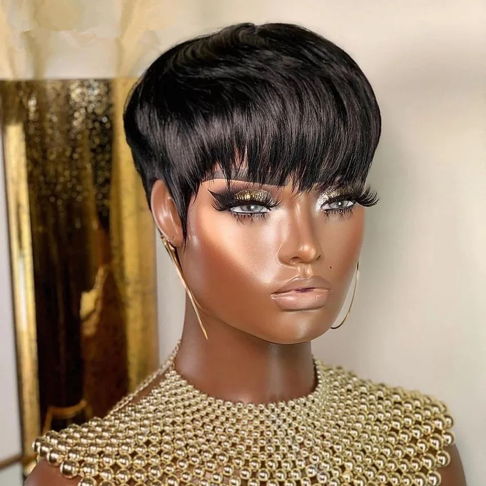 Short Pixie Cut Human Hair Bob Wig with Bangs - 4