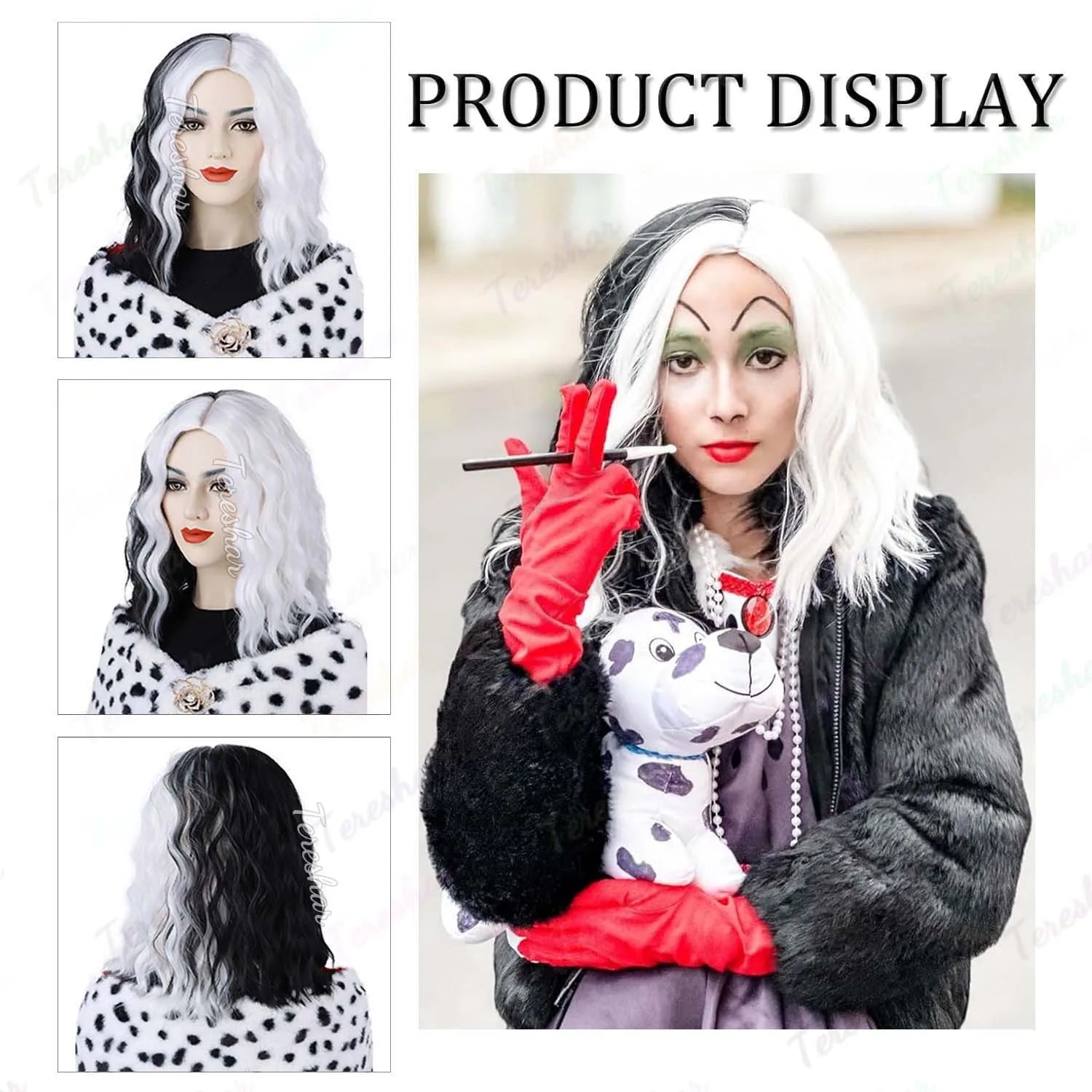 Black and White Wavy Cosplay Wig Set with Dalmatian Shawl and Accessories - 3