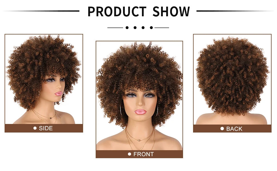 Short Afro Kinky Curly Synthetic Wig with Bangs for Daily Hair Styling