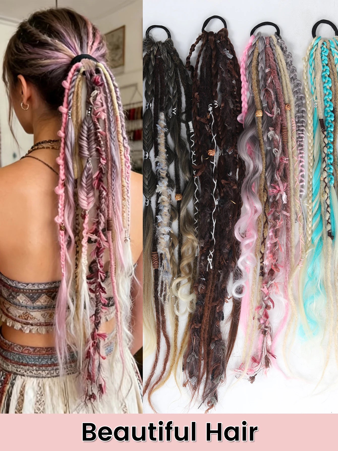 24" Boho Viking Dreadlock Ponytail Extension - 7