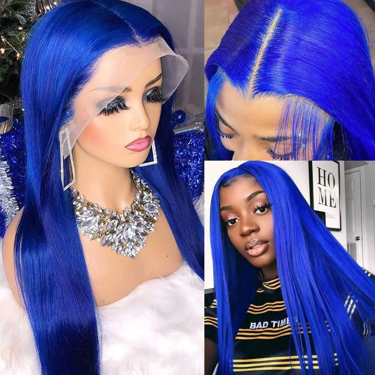 Long Straight Blue Lace Front Wig for Women with Natural Hairline - 2