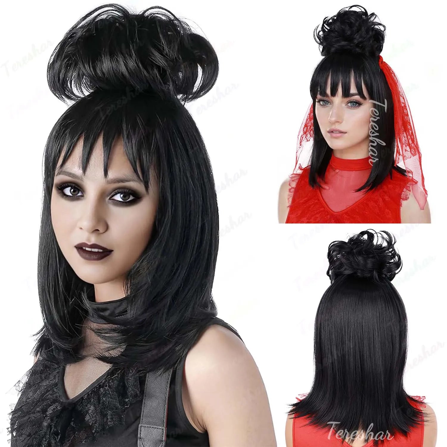 Black Costume Wig with Detachable Bun for Halloween and Cosplay Parties - 1