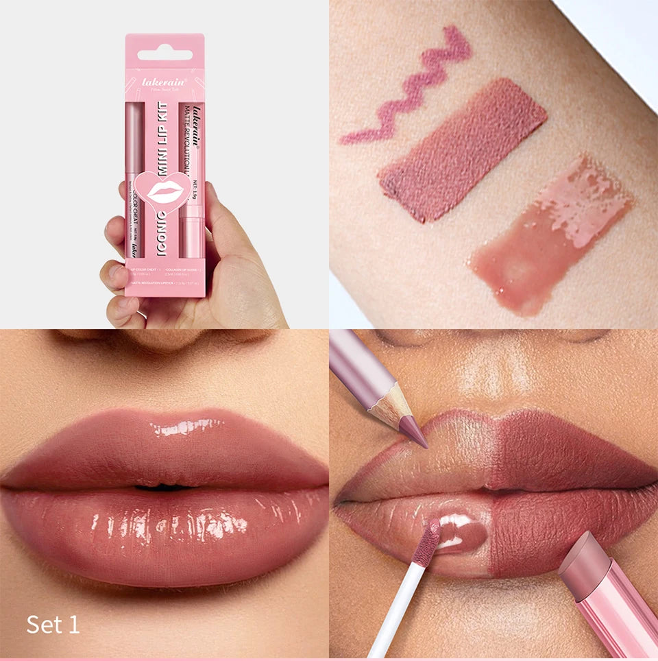 3-Piece Mini Lip Liner, Lipstick and Gloss Set for Perfect Pout