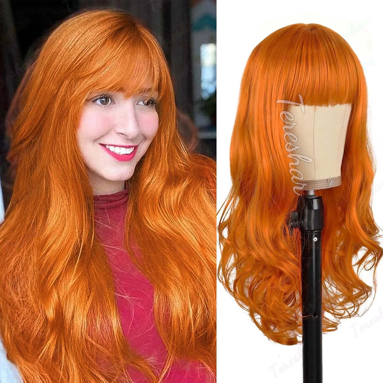 Long Wavy Orange Wig with Bangs for Cosplay and Daily Wear - 1