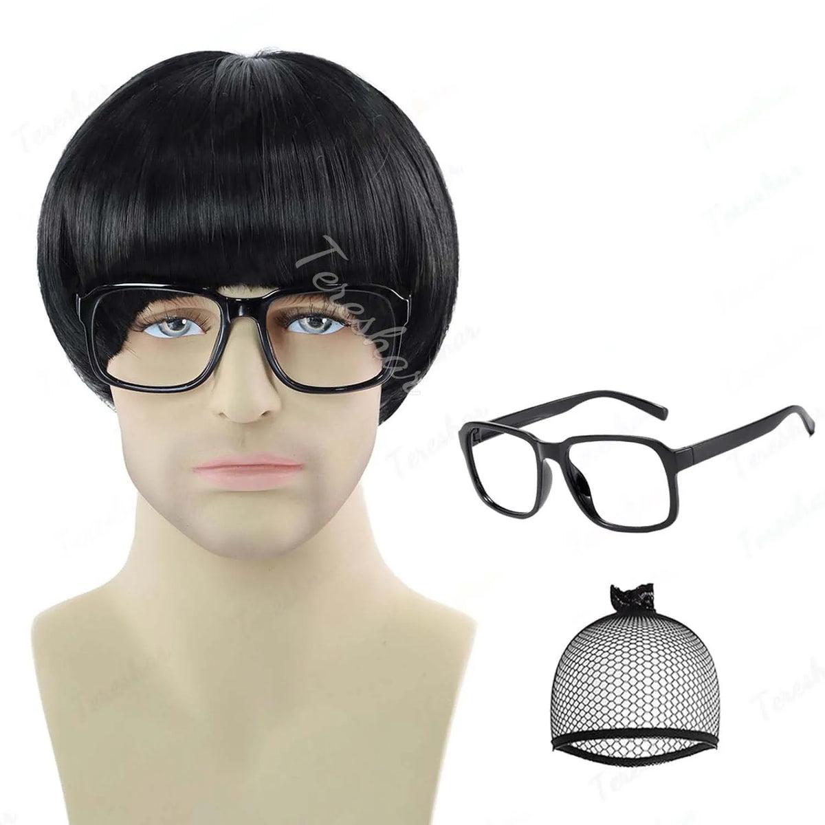 Short Synthetic Mushroom Wig with Glasses for Costume Parties