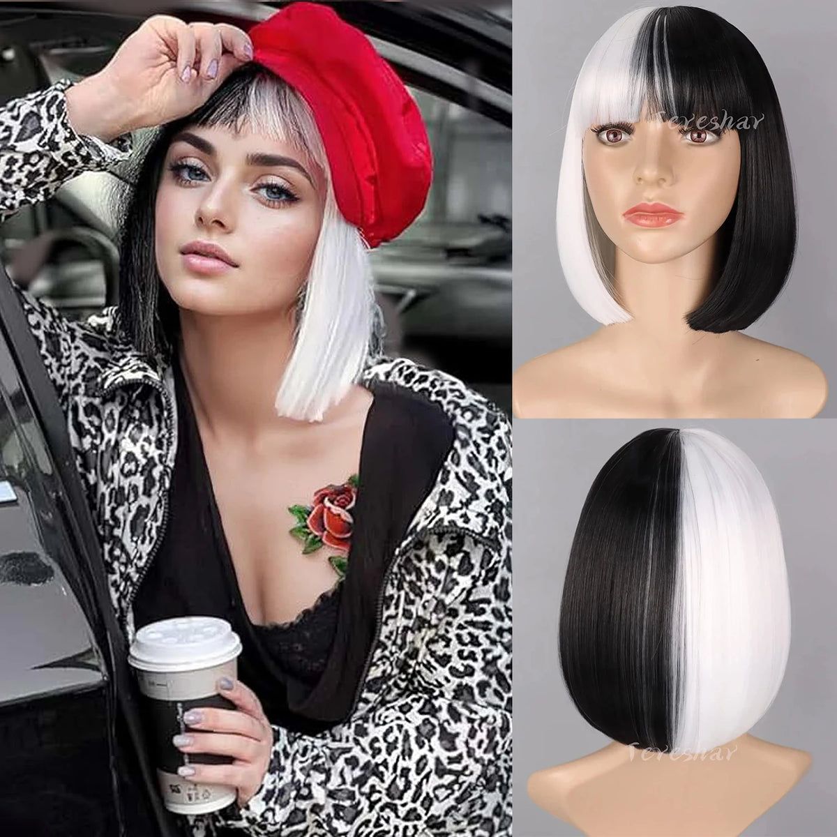 Short Straight Two-Tone Bob Wig with Bangs for Cosplay and Parties