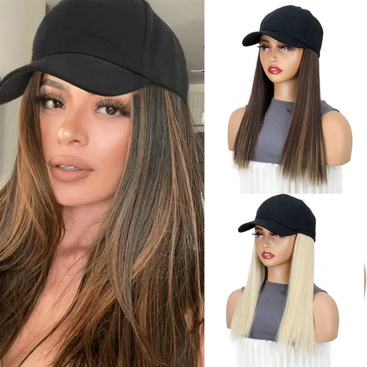 Adjustable Baseball Cap with Attached Long Straight Hair Wig