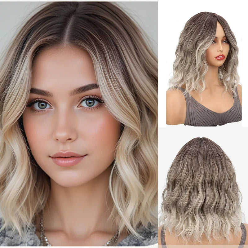 Shoulder Length Wavy Brown Wig with Dark Roots for Daily Wear