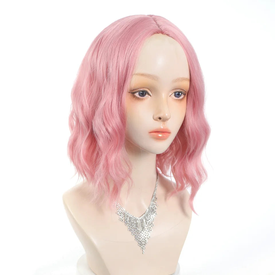 Short Wavy Pink Bob Wig for Cosplay and Daily Wear