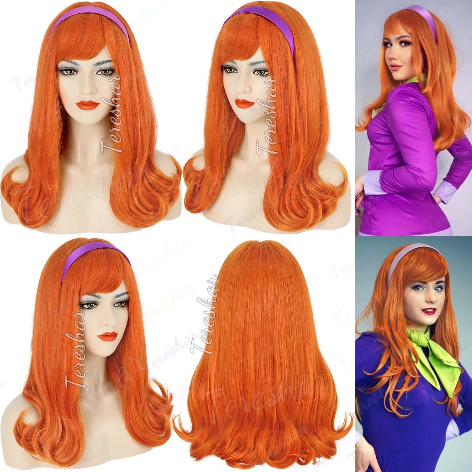 Long Wavy Orange Cosplay Wig with Purple Headband for Women - 3
