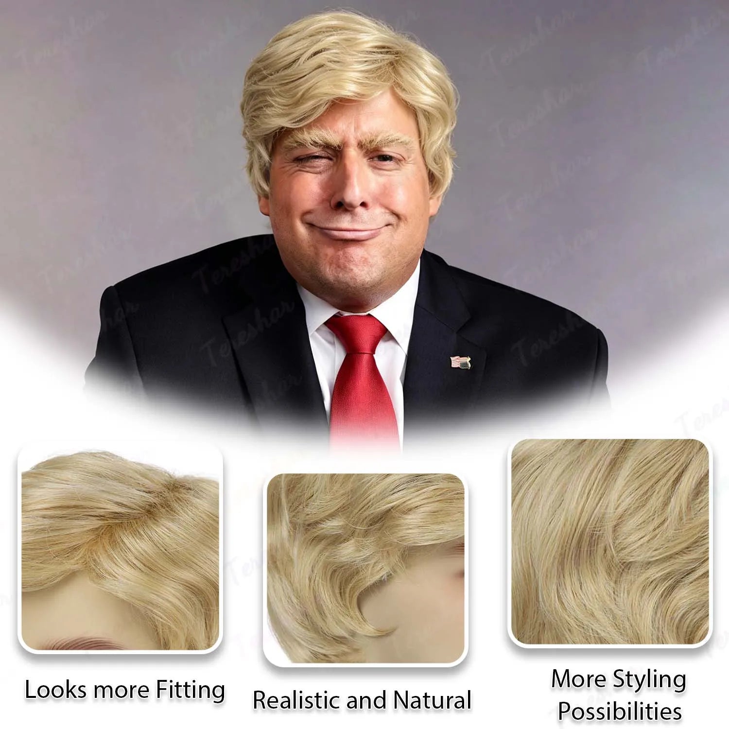 Short Blonde Men's Cosplay Wig with Red Tie and Flag Pin for Halloween - 9