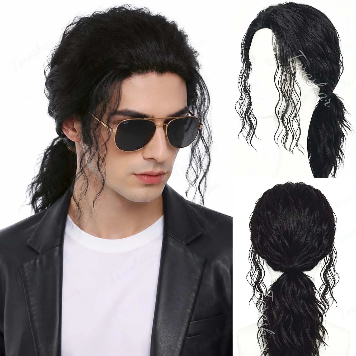 Long Black Curly Cosplay Wig for Men and Women Retro Costume Parties - 1