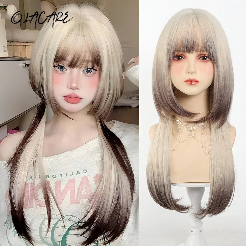 24 Inch Long Pink Cosplay Wig with Bangs - 39