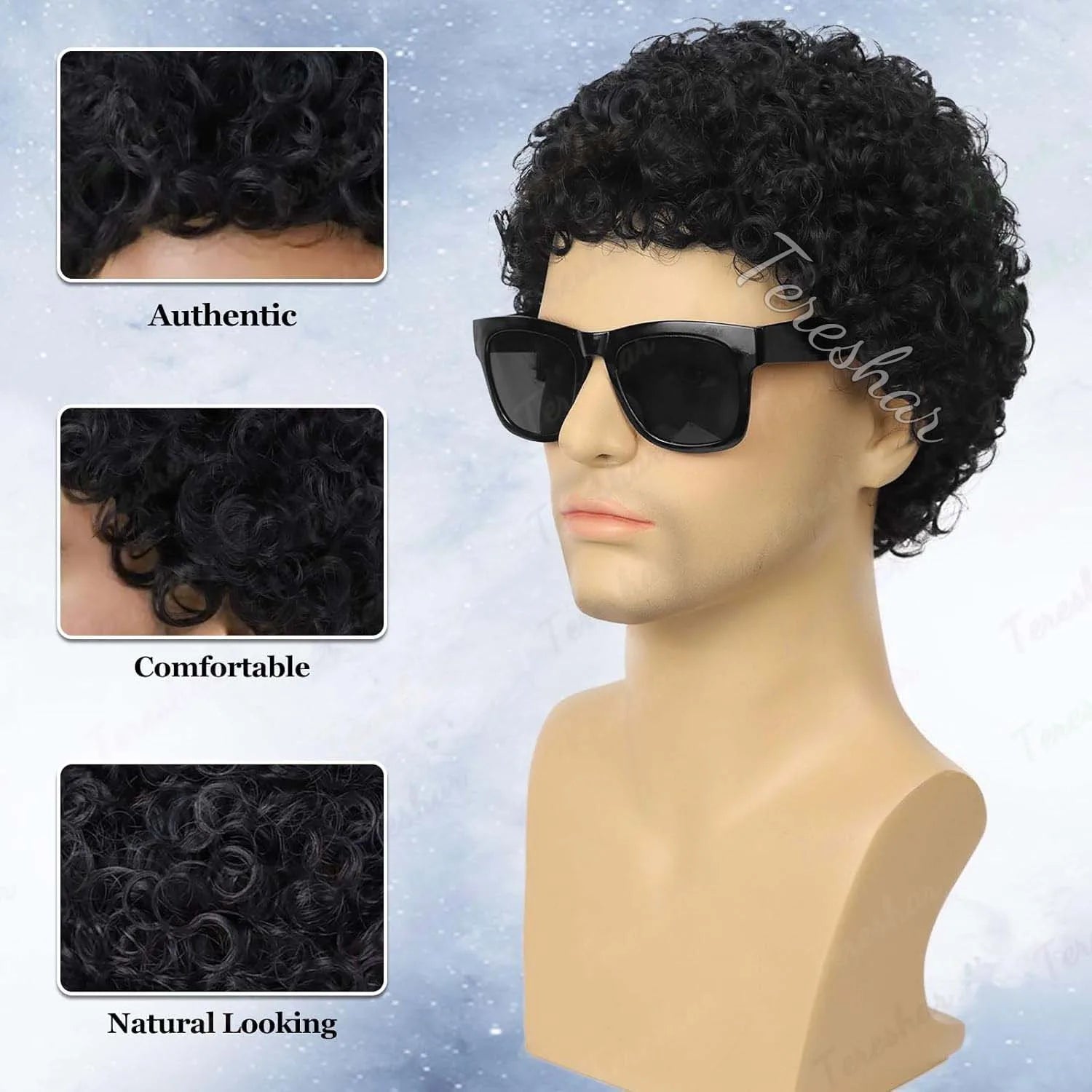 Short Curly Afro Wig with Sunglasses for Men Costume and Cosplay - 10