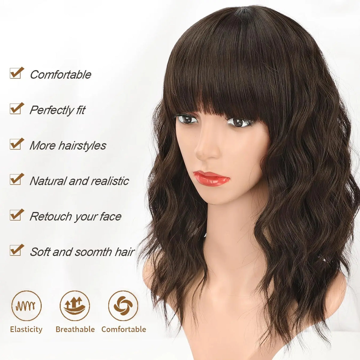 Short Wavy Bob Wig with Bangs for Daily Wear