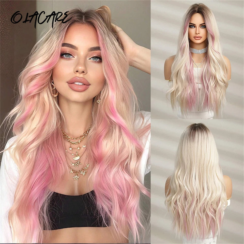 Long Wavy Ombre Blonde Pink Wig with Bangs - 1