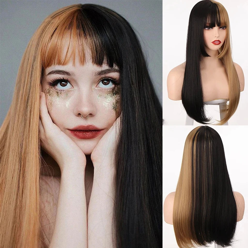 Long Wavy Ginger Synthetic Wig with Bangs - 10
