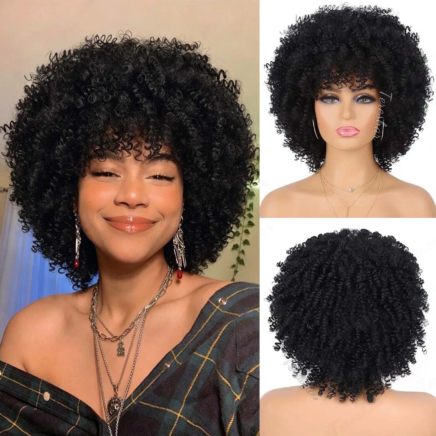 Short Curly Afro Wig with Bangs for Daily and Party Wear - 17