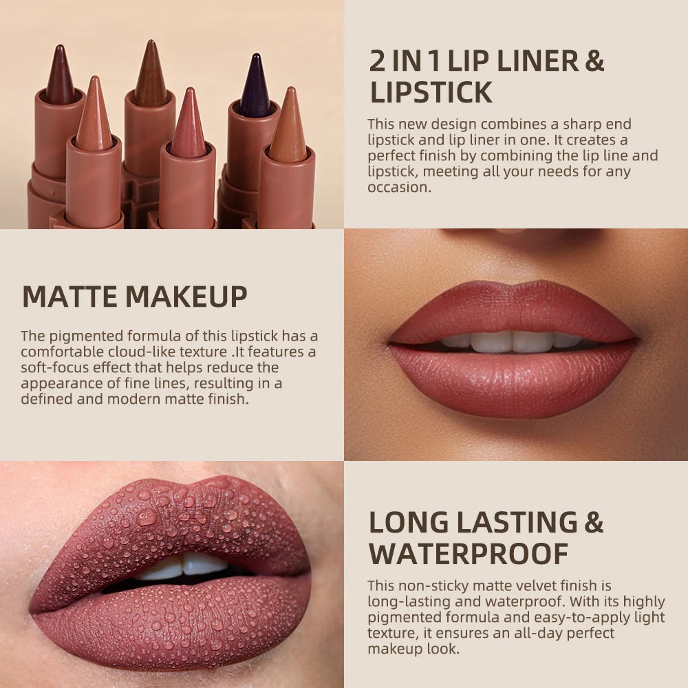 2-in-1 Waterproof Matte Lipstick and Lip Liner Crayon for All-Day Wear - 3