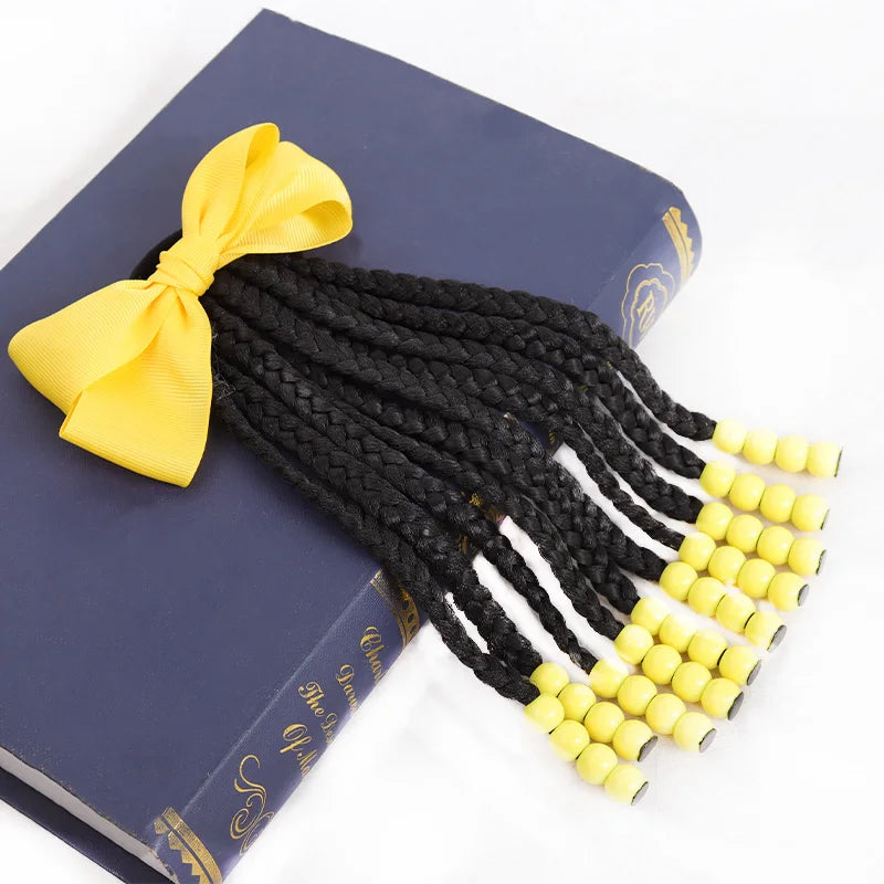 Yellow Bow Braided Ponytail Extension with Beads for Kids