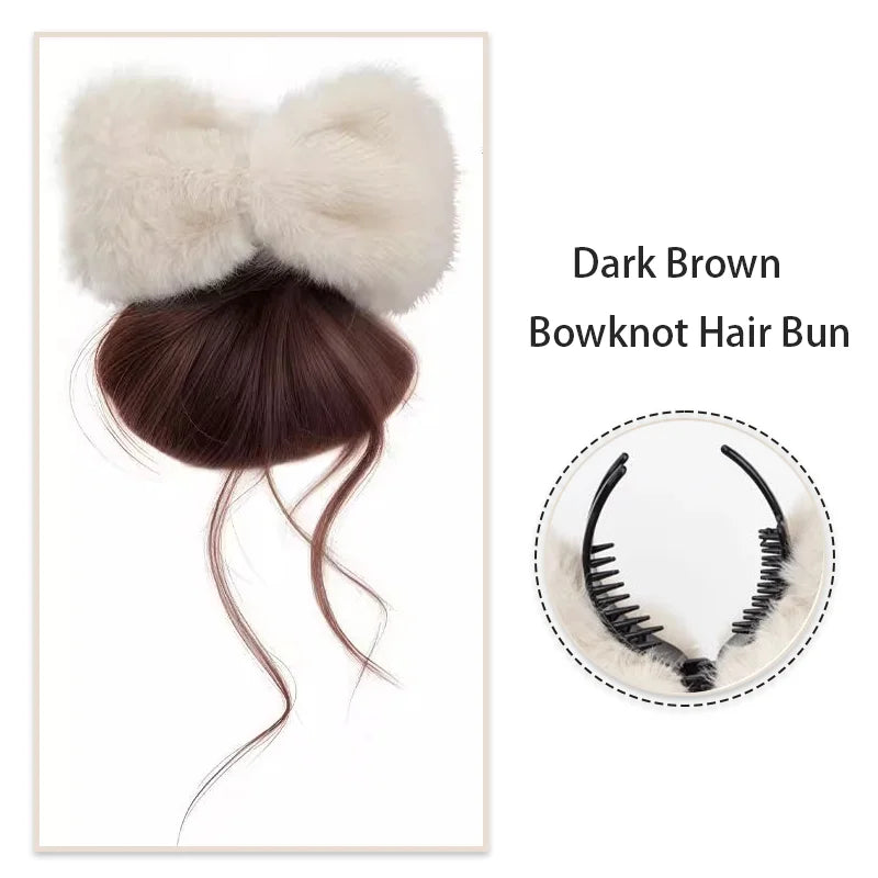Fluffy Plush Bow Synthetic Hair Bun Extension Clip for Effortless Styling - 7